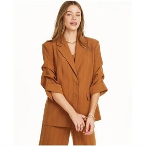 NWT Danielle Bernstein Women's Pinstripe Blazer Ruched Sleeves  Brown Size S